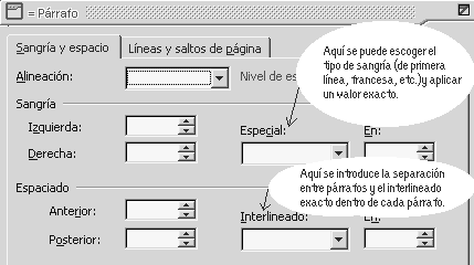 opciones de párrafo